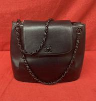 Chanel Black Caviar Single Flap Turn-lock Chain Strap Bag - Medium