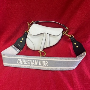 Christian Dior Saddle Bag Leather 2 Way Shoulder Bag White w/ Large Canvas Strap