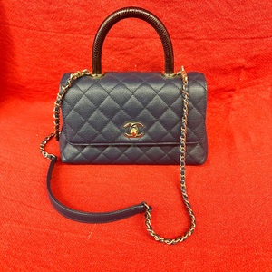 Chanel COCO Top Handle Bag Quilted  Caviar  w/Lizard Embossed Handle  Mini -Blue