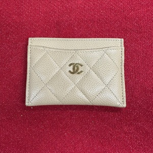 Chanel Card Case Holder Wallet Beige Caviar Leather Gold Hardware