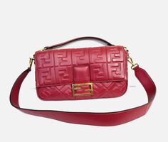 Fendi Zucca Embossed Baguette Red Calf Leather Satchel