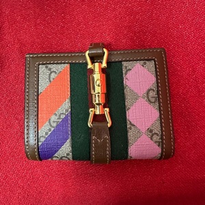 GUCCI GG Supreme Jackie 1961 Web Stripe Mini Trifold Wallet Beige