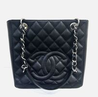 CHANEL Petite Shopping Tote Chain Hand Bag Quilted Black Caviar