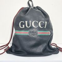 GUCCI Logo Print Leather Drawstring Backpack Bag Black - Medium Size